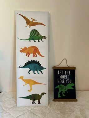 Dinosaur Wall Art Canvas + Roar Sign Kids Room Decor Bundle